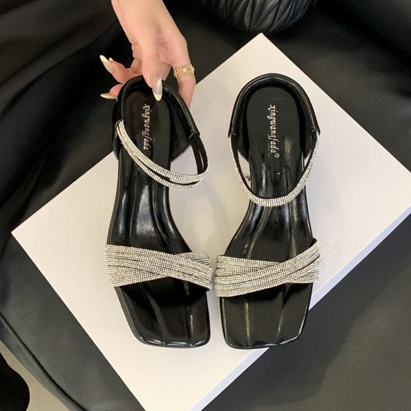 

Fashion Luxury Rhinestones Women Medium Heels Sandals Shoes New Footwear Fashion Square Toe Ladies Heeled Shoes Female Slides Sandals 35 чёрный