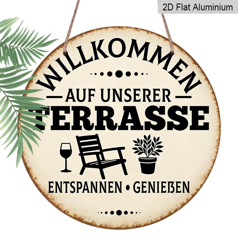 

2D Aluminum Willkommen Auf Unserer Terrasse Sign, German Welcome Plaque for Patio Beer Garden Balcony & Outdoor Decor 20cm/7.87Inch