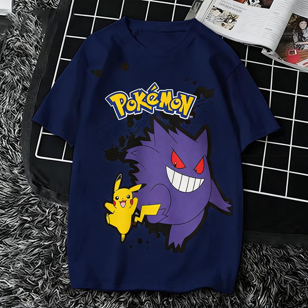 Bandai Pokemon Pikachu Gengar T Shirt Unisex Women Summer Cotton Short Sleeve Tee Anime Print Tops Streetwear Parentchild Clothing