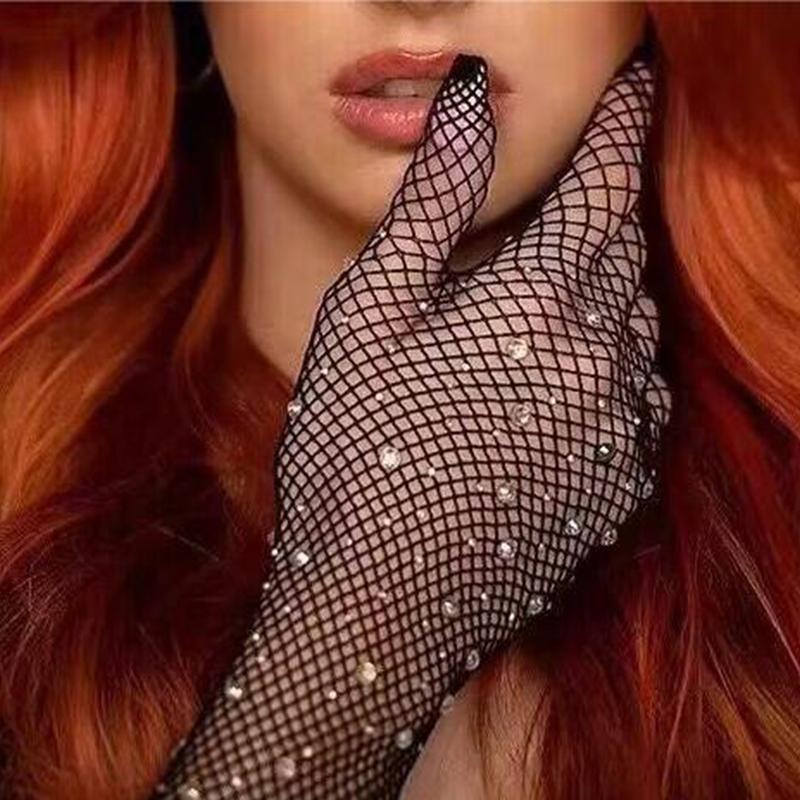 Women'S Fashionable Hot Diamond Sparkling Mesh Fishing Net Elastic Gloves