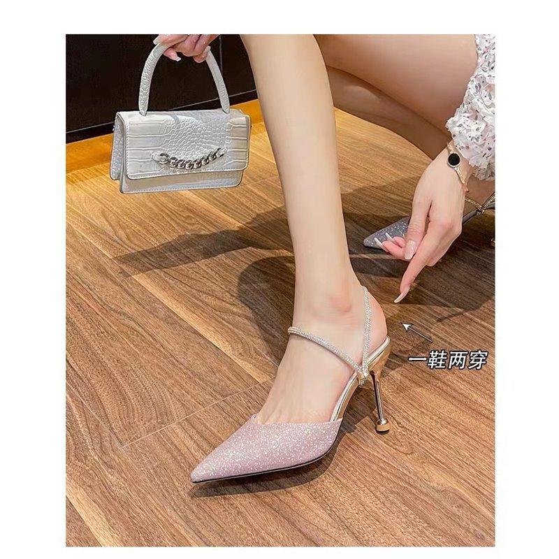 

High-heeled women s new rhinestone in the summer of 2024, thin heel, shallow mouth, half drag two, wearing slippers, and wearing high-heeled sandals w 40
