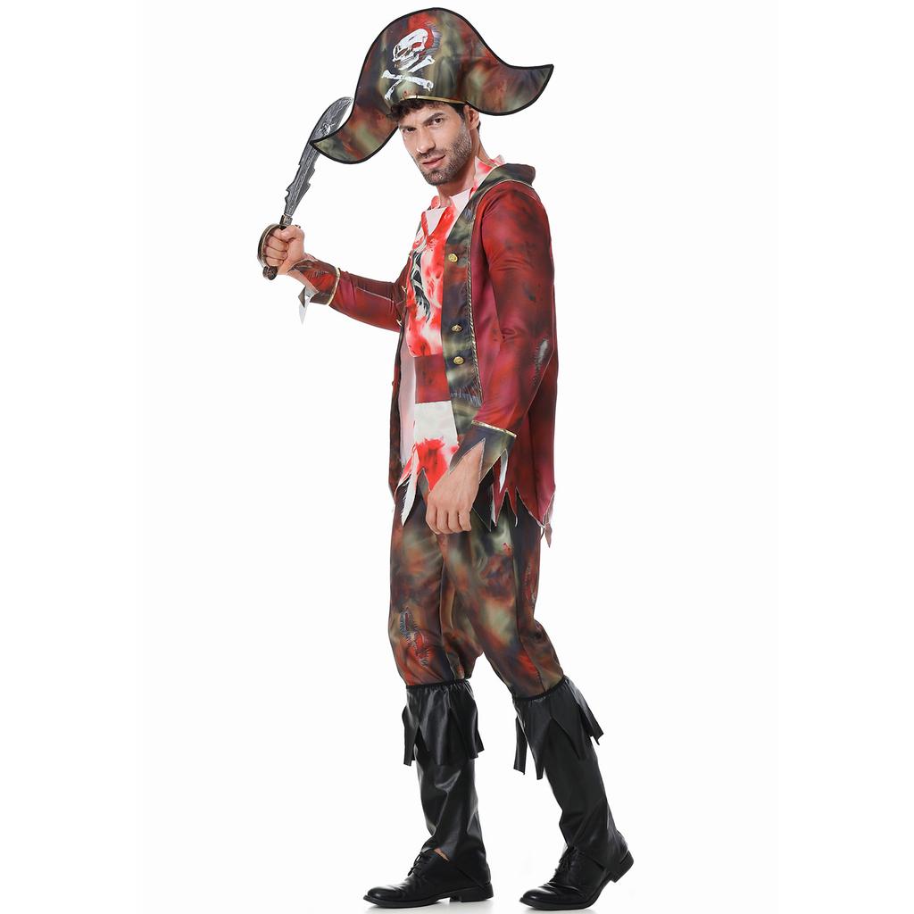 Men's Pirates of the Caribbean Captain Costume Halloween Cos ONE PIECE Blood Stained Zombie Men's Pirate Costume