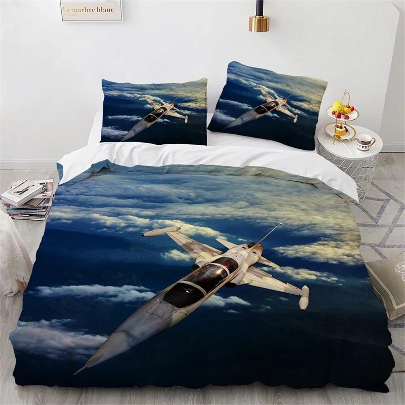 Fighter Plane King Queen Duvet Cover Military Aircraft Theme Bedding Collection Kids Boys Men Sunset Airplane Polyester Comforter Cover