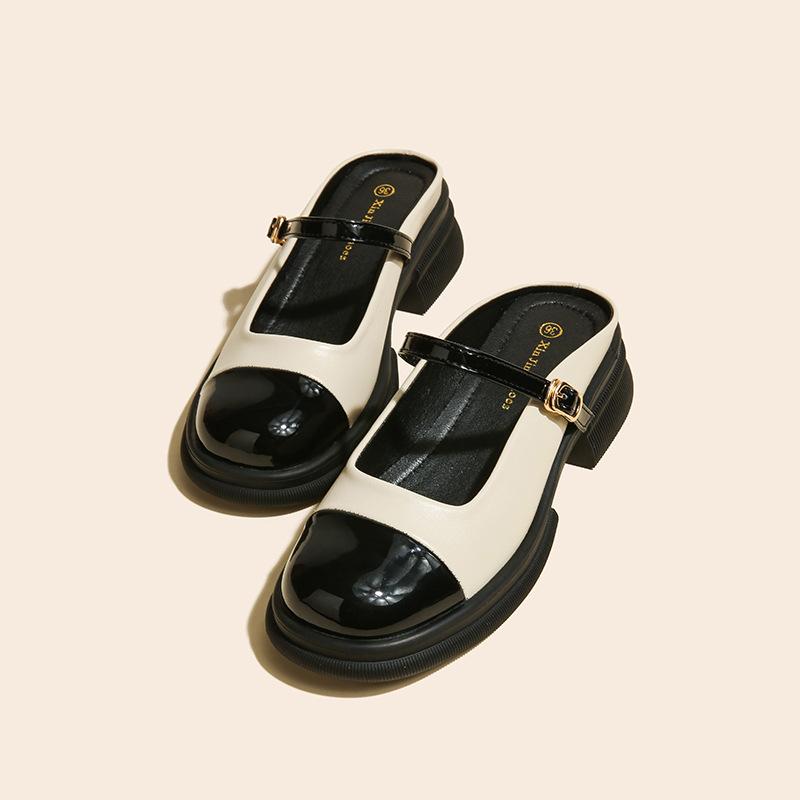 

Q1-1 color matching Mary Jane single shoes women s British style light mouth niche design empty bag head drag thick heel slippers 35