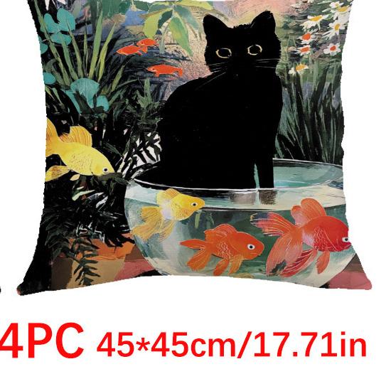 1/4pcs 45x45cm Cute Black Cat Fish Bowl Oil Painting Style Throw Pillow Covers Cushion cover