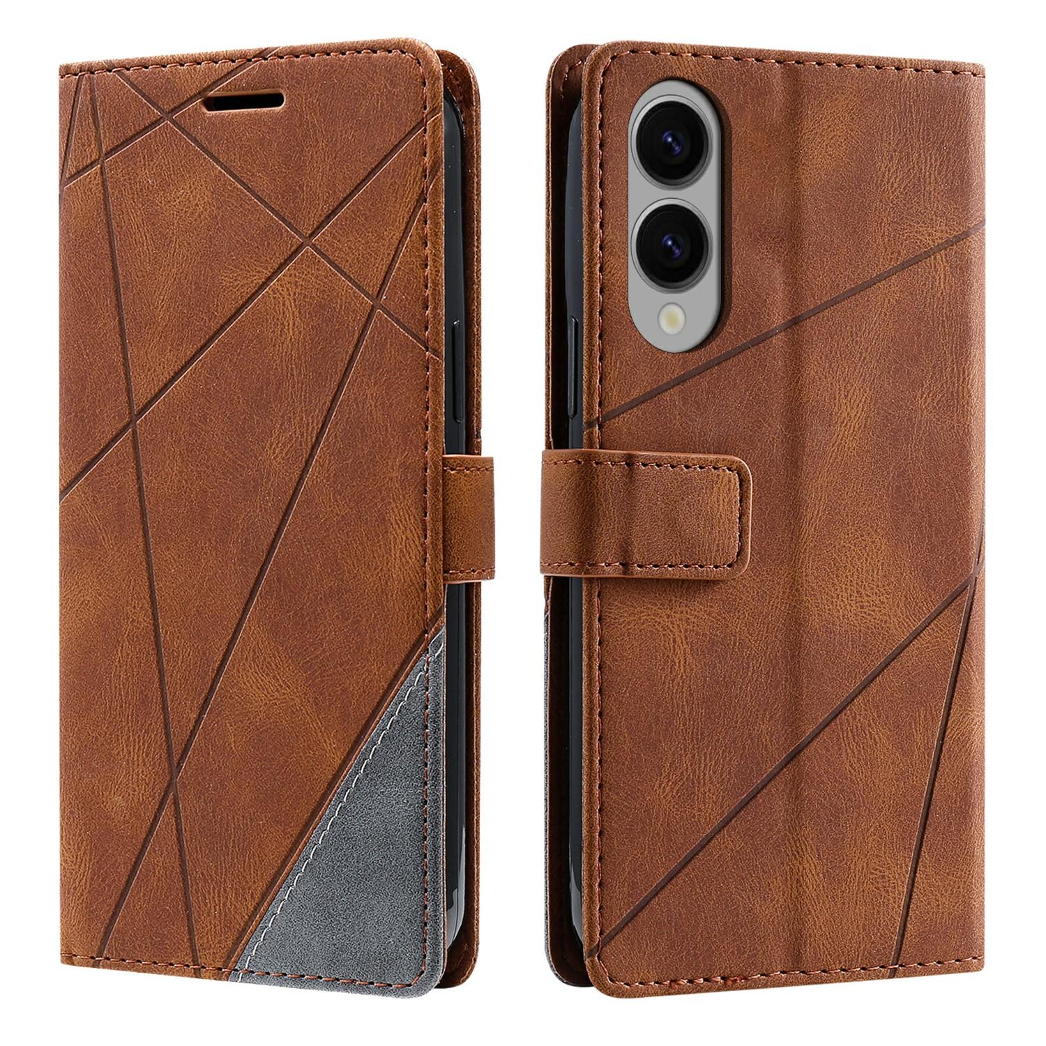 

For Samsung Galaxy S25 Edge Case Imprinted Lines PU Leather Splicing Wallet Phone Cover Brown