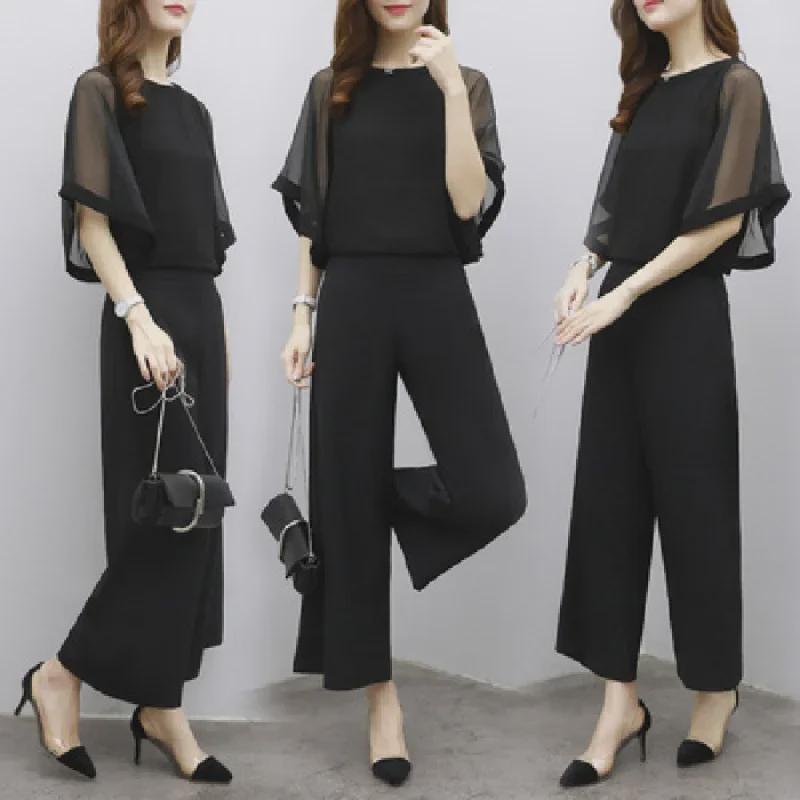 2025 Korean Women's Summer Fashion: Chiffon Top & High-Waist Wide-Leg Pants Set