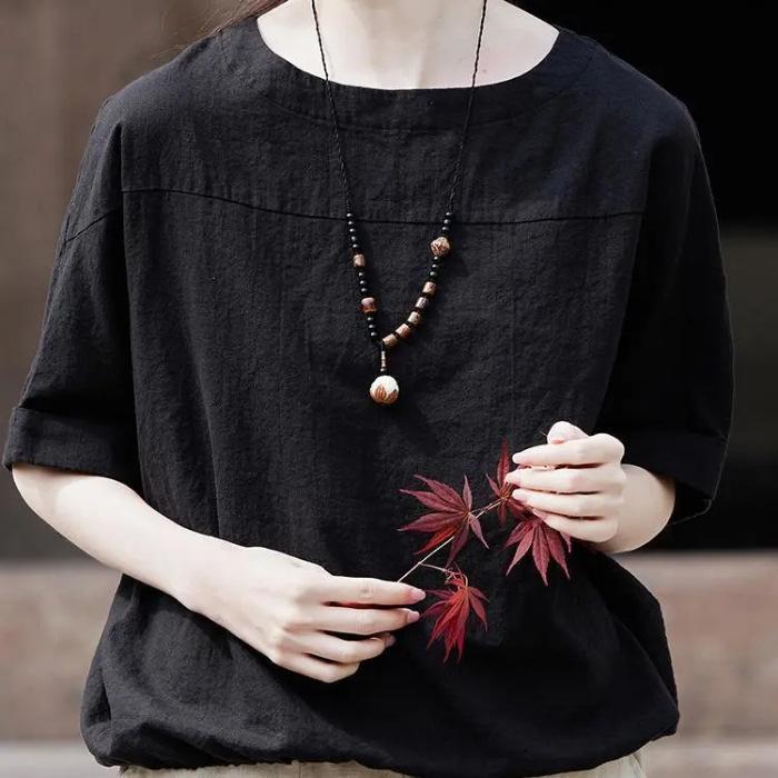 Mid-sleeved T-shirt for Women's Summertime New Arrival Mother-wearing Round Neck Cotton and Linen Top Temperament Small Shirt Chinese Style Tea