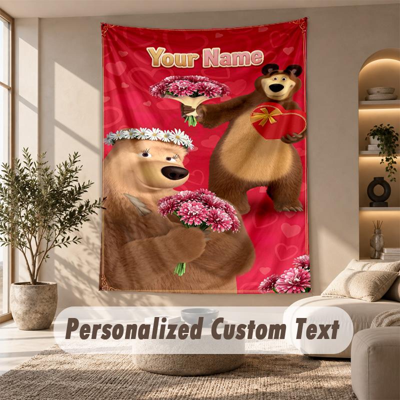 Masha and the Bear Tapestry, Personalized Custom Text, Wall Hanging Tapestry For Living Room Home Wall Decor