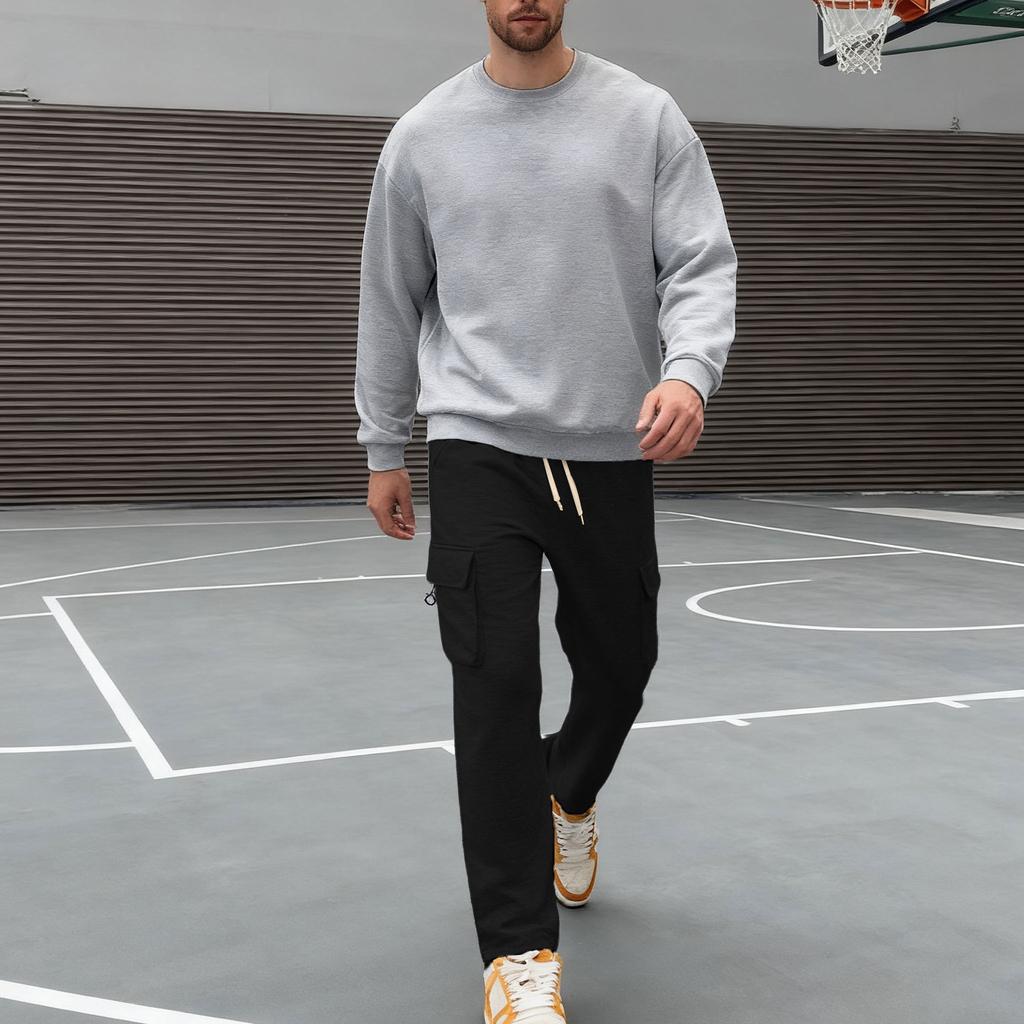 Men's Casual Sportswear Set Autumn/Winter Fleece-Lined Heavyweight Oversized Long-Sleeved Crew Neck Sweatshirt and Trousers Set