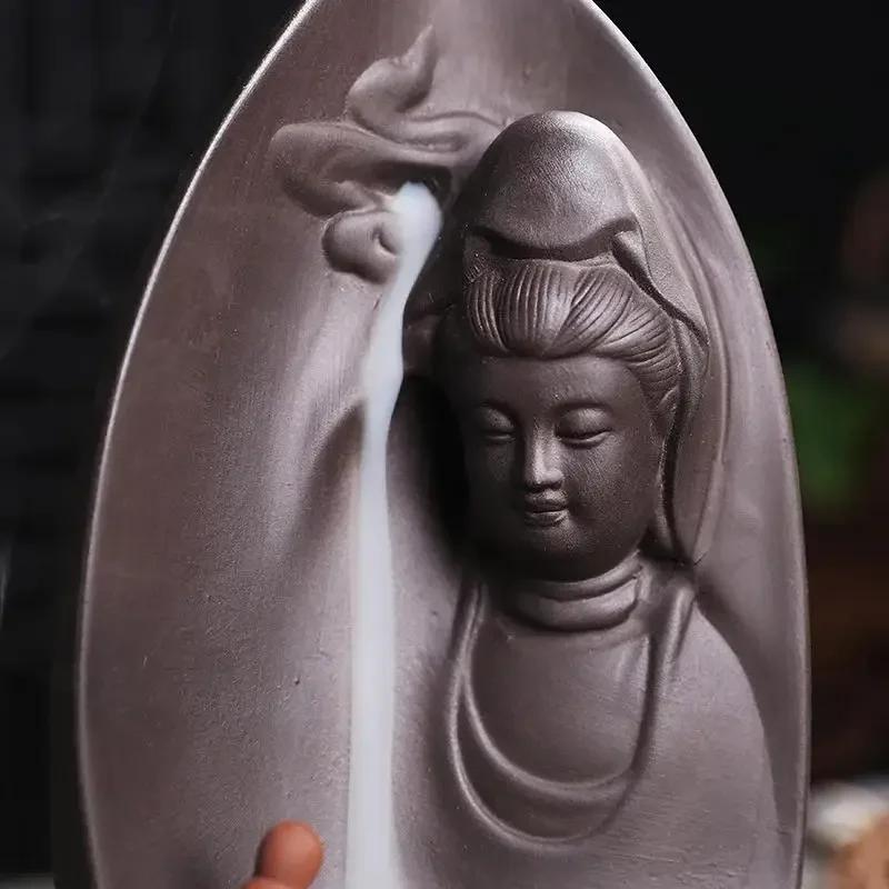 1pc,Avalokitesvara Purple Clay Buddism Backflow Incense Burner Incense Stick Holder Home Decor (Without Incense)