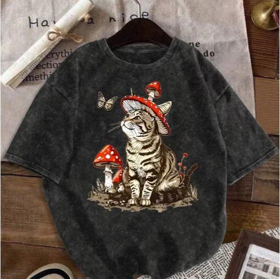 Y2K Style Hip-hop Dancing Cat Star Print T-shirt, Retro Unisex Loose Short Sleeve Graphic Streetwear Tee for Men Women, Summer Casual Tops