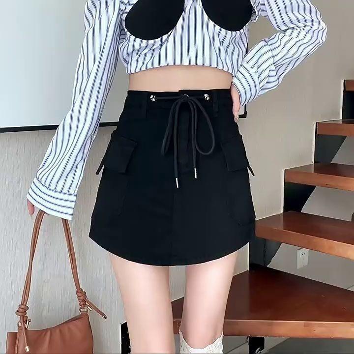 

Дизайнерская джинсовая юбка с высокой талией для горячих девушек, новая летняя рубашка на шнуровке, защищающая от воздействия окружающей среды XL чёрный