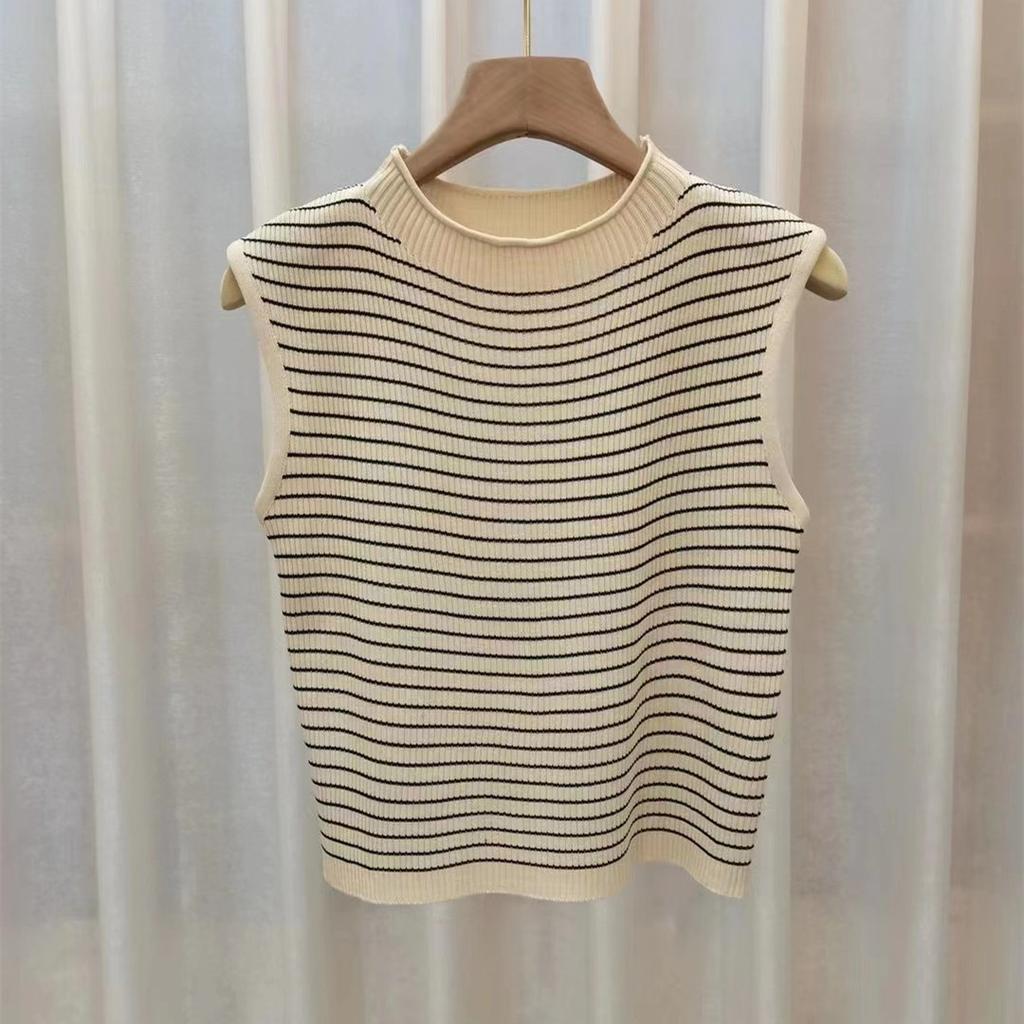 Fashion Design Sense Temperament Sleeveless Round Neck Knit Shirt Striped Undershirt Female Sweet Slim Thin Tops Casual Slim Fit Pullovers Tees