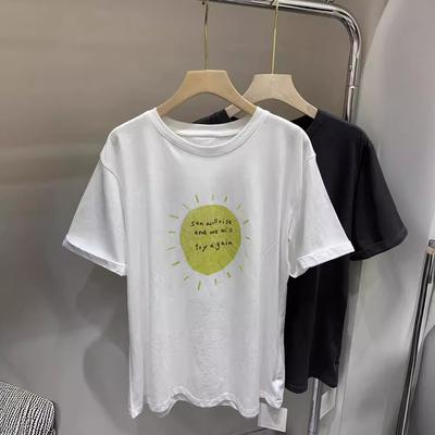T-shirt d'été fin à manches courtes en coton pour femmes fortes, grande taille, impression soleil, style étranger, haut à manches courtes 100 kg