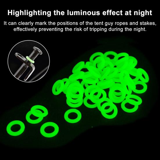 100 ks Kroužky na stanové kolíky 15MM Svítící ve tmě Kruh pro zemní kolík Fluorescenční smyčka pro stanový kolík Venkovní kempingové stanové hřebíky Příslušenství