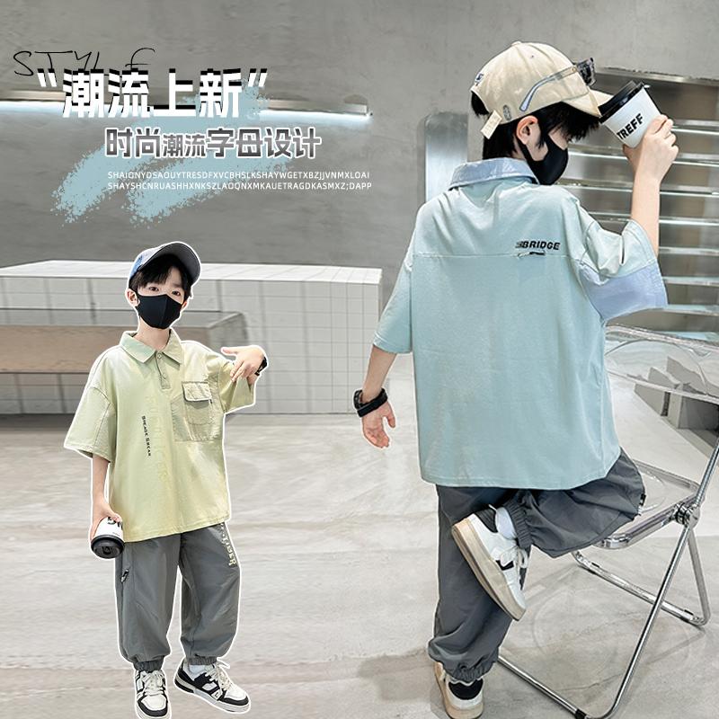 Boys' Summer Short Sleeve Set 2026 New Summer Clothing Medium and Large Children's Summer Polo Shirt Two Piece Set
