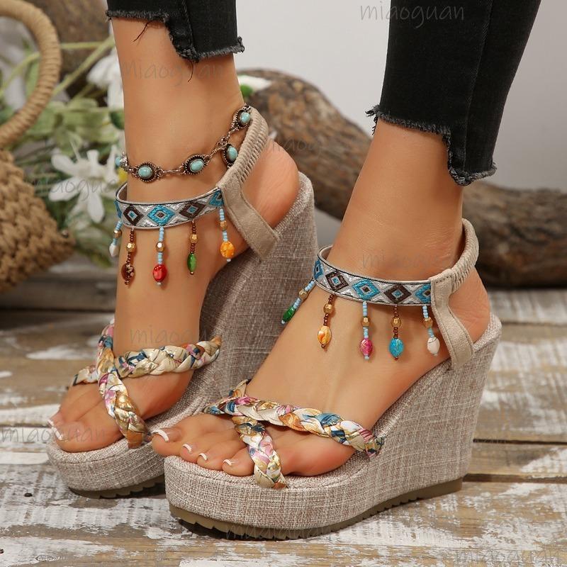 Plus Size 36-43 Wedge Sandals Fashion Open Toe Casual Women's Beach Shoes Chunky Heel Outdoor Summer Slide Sandals Bohemian