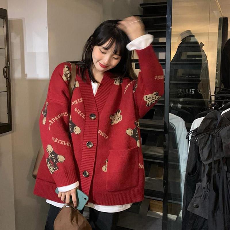 Sweater Jacket Women's Fall Red Retro Casual Knit Jacket Slim Button Cozy Tops