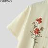 INCERUN Summer Men Collarless Short Sleeve Floral Print Casual Loose Shirts