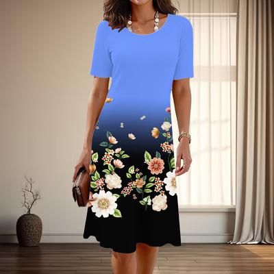 Women's Fashion Graceful Flower Print Summer Spring Short Sleeve O-Neck Casual Dresses