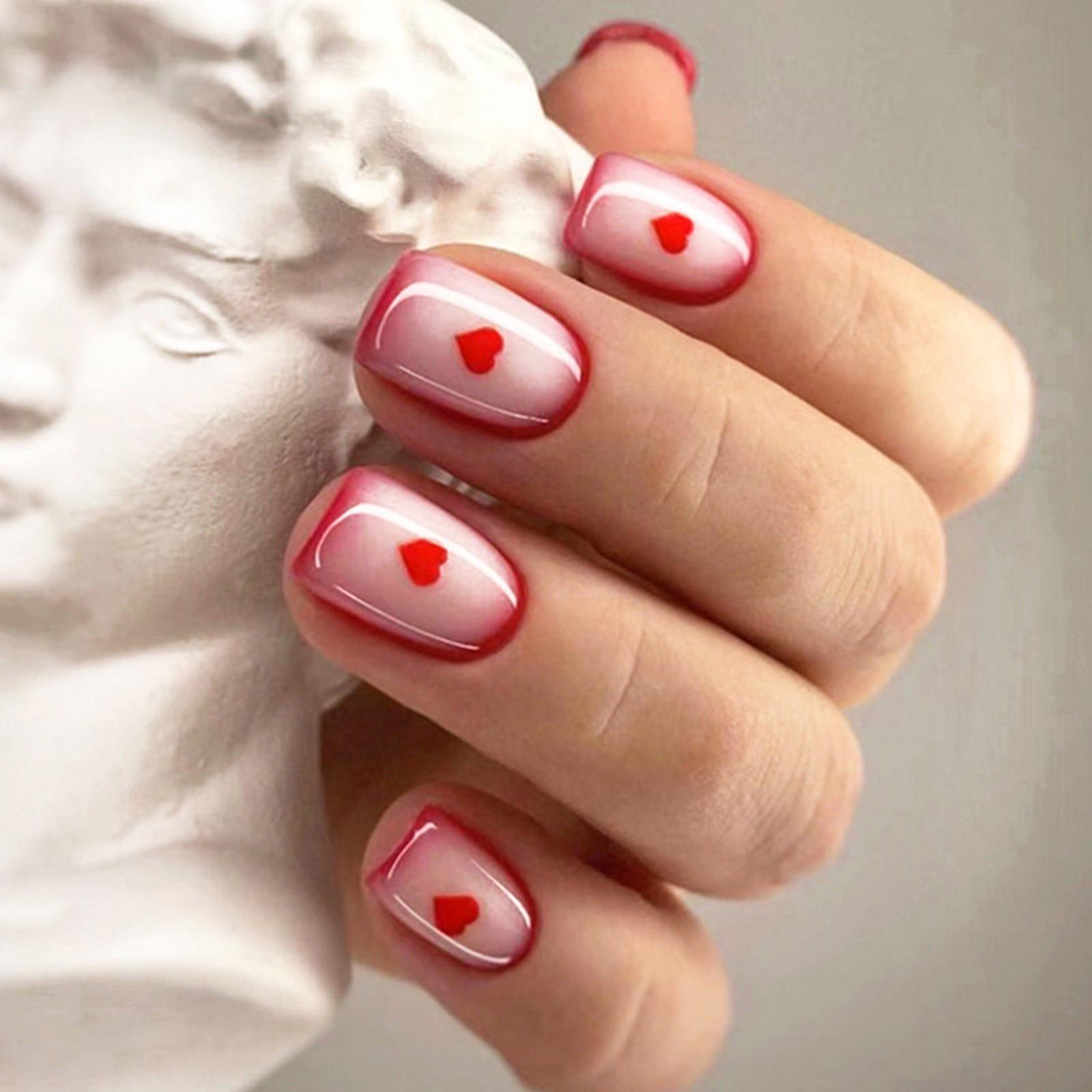 

24 шт. Наклейки для ногтей на День святого Валентина, короткие квадратные французские накладные ногти, сердце, акриловые ногти, полное покрытие, искусственные ногти