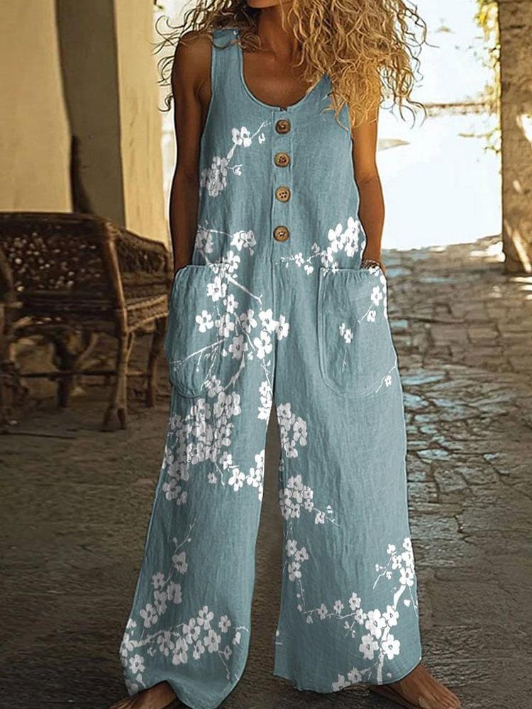 Damen Ärmelloser Jumpsuit mit Blumenmuster, Knopfleiste vorne und Seitentaschen