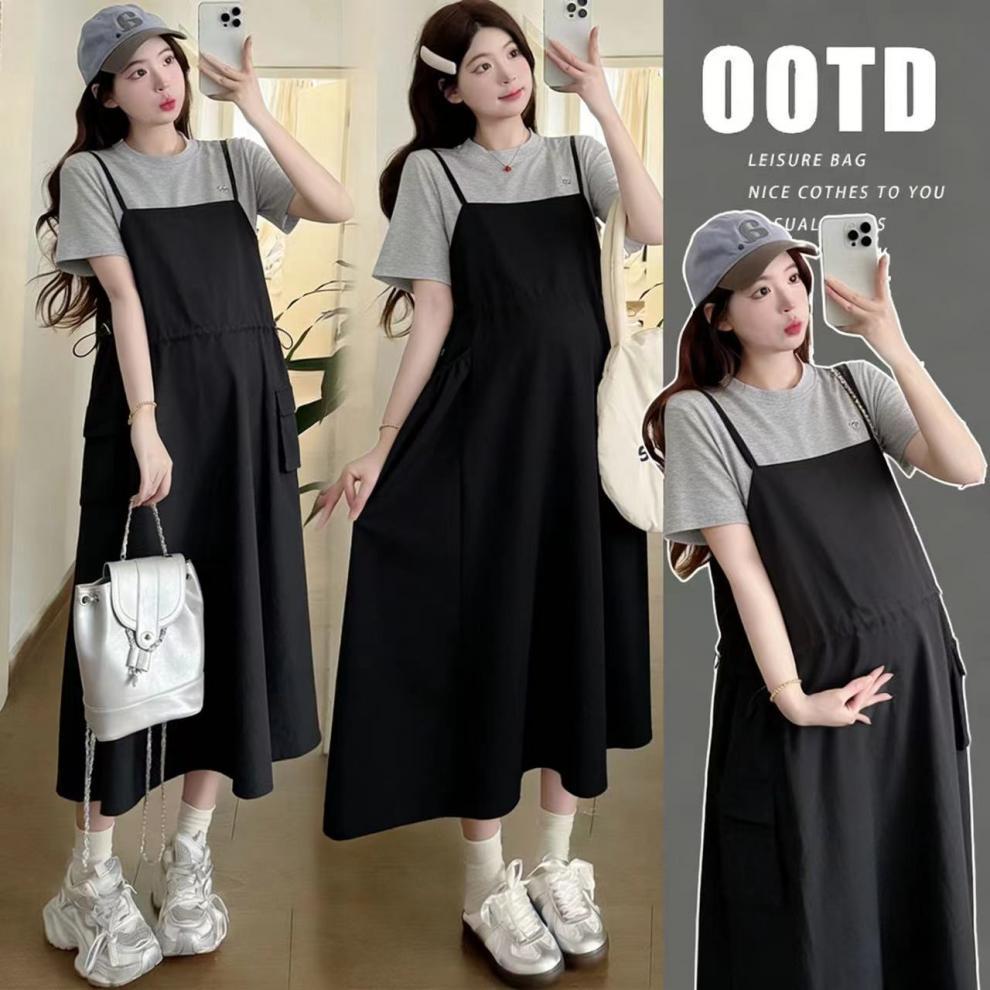 Maternity Summer Set: Waist-Cinching Vest Dress + Round Neck Short-Sleeved Top