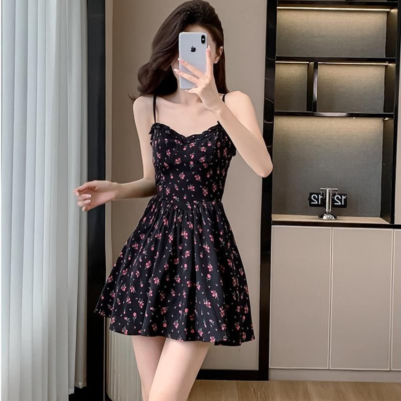 Beautiful Girl Black Floral Print Mini Dress Thin Strap Ruffle A Line Dress High-waist Slim Casual White Short Dress Summer Casual Beach Party Dress