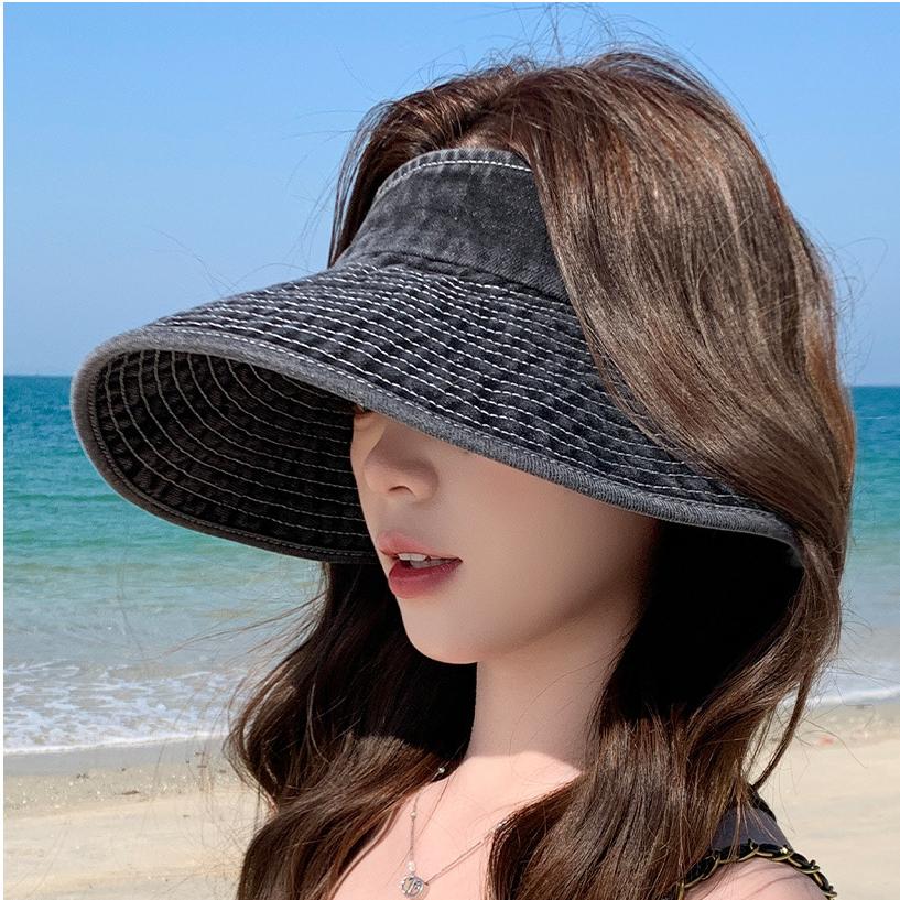 Women's Niche Luxury Washed Denim Sun Visor Fashion Wide Brim Sun Hat Trendy Casual Outdoor Sun Cap