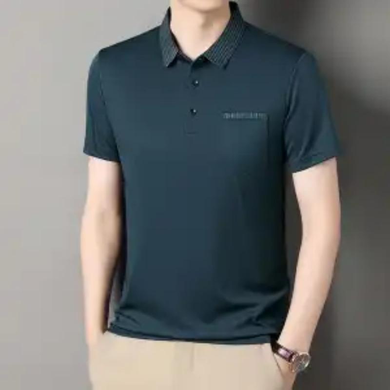 Mens Casual Striped Collar Short Sleeve Polo Shirt With Pocket