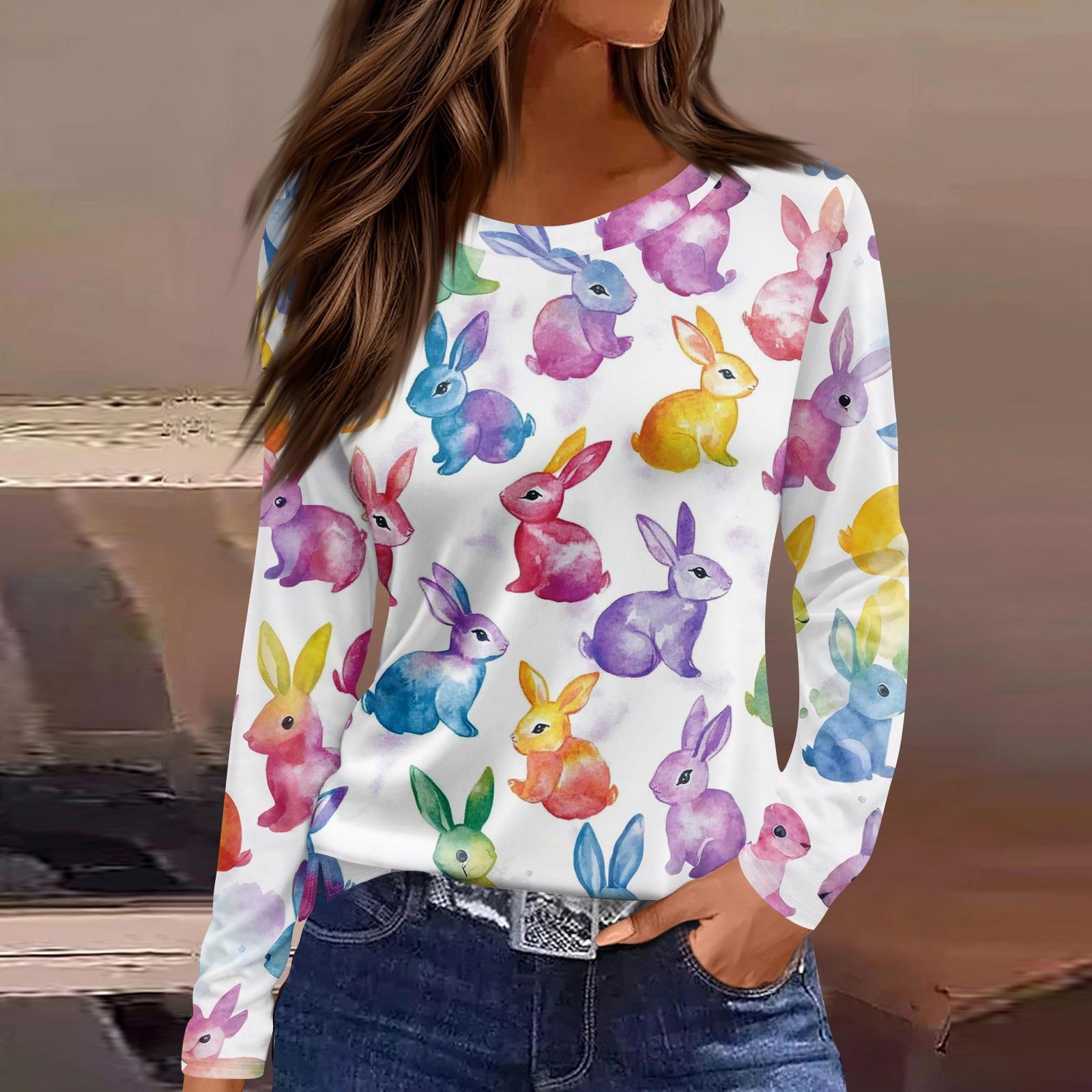 

Жіноча модна повсякденна футболка з розрізом і круглим вирізом з довгим рукавом і принтом. XL фіолетовий