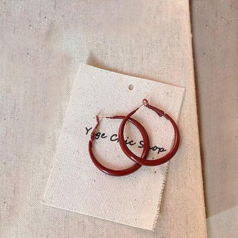 Ankola Red Circle Ear Buckle Retro Hong Kong Style Red Drop Glaze Earrings Niche Simple Earrings