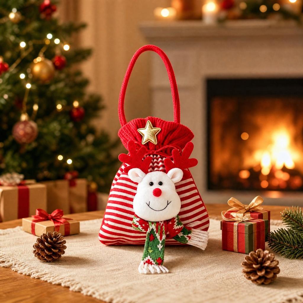 Christmas Decoration Knitted Gift Bag with 3D Doll, Holiday Party Pouch