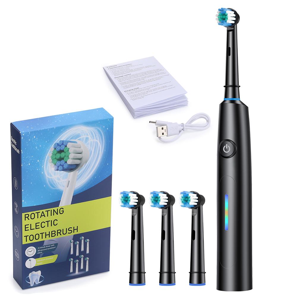 

Электрическая вращающаяся зубная щетка для взрослых, перезаряжаемая, вращающаяся чистка зубов, звуковая зубная щетка с 4 сменными насадками, водонепроницаемая чёрный