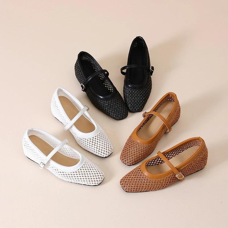 Fashion Retro 2025 New Women's Casual Flats Summer Mary Jane Flats Square Toe Mesh Buckle Strap Comfortable Solid Soft Sole Shoes Ladies