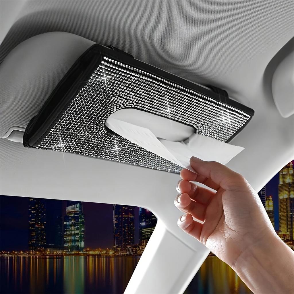 1pc Car Tissue Box, Car Sun Visor Tissue Storage Box, Glitter Rhinestone Tissue Bag, PU Leather Artificial Crystal Tissue Box