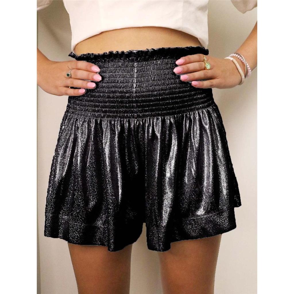 Women's Solid Color Loose Elastic Waist Draped Glitter Shorts