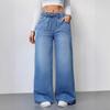 Wide Leg Pants Jeans Women Washed Denims Elastic Waist Lace Up Distressed Vintage Streetwear Female Full Length Loose Trousers