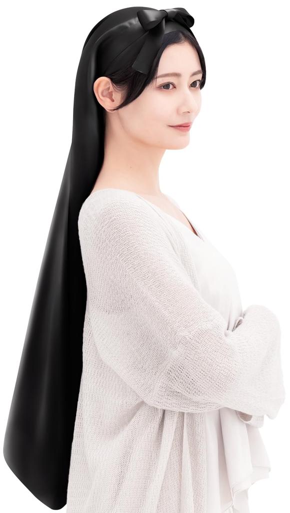 [COCOSILK] Silk Night Cap for Long Hair Silk Cap Long Cylindrical Front Tie Ribbon Hair 100% Silk Cylindrical Hair Cap (90cm, Free, Black)