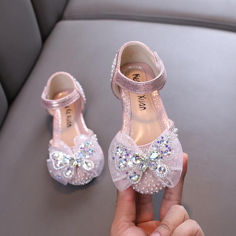 New Luxury Girl Shoes Elegant Pearl Butterfly Children's Sandals Fashion Versatile Wedding Party Flat Kids Casual Shoes Non-slip