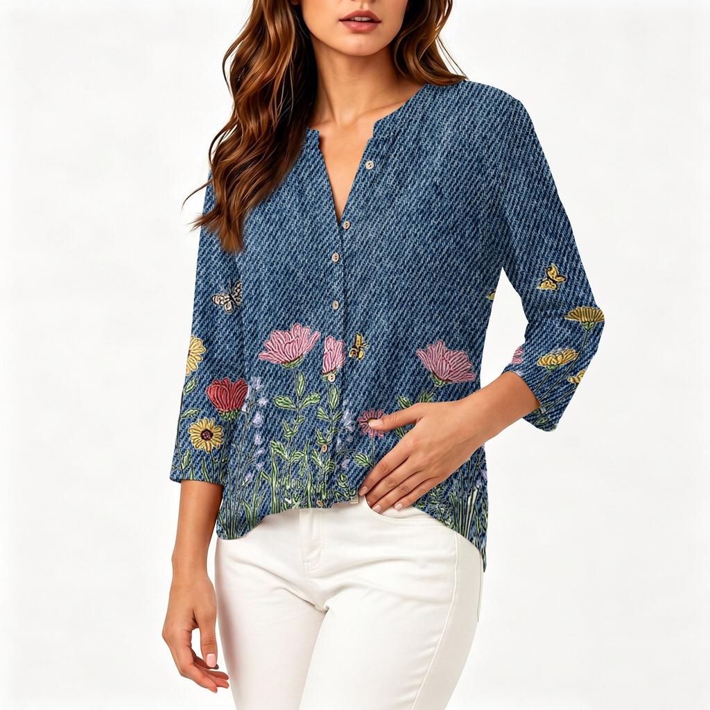 Women's Vintage Floral Print Henley Button Neck Three Quarter Sleeve Linen Cotton Blouse Casual Lightweight Shirt for Everyday Wear