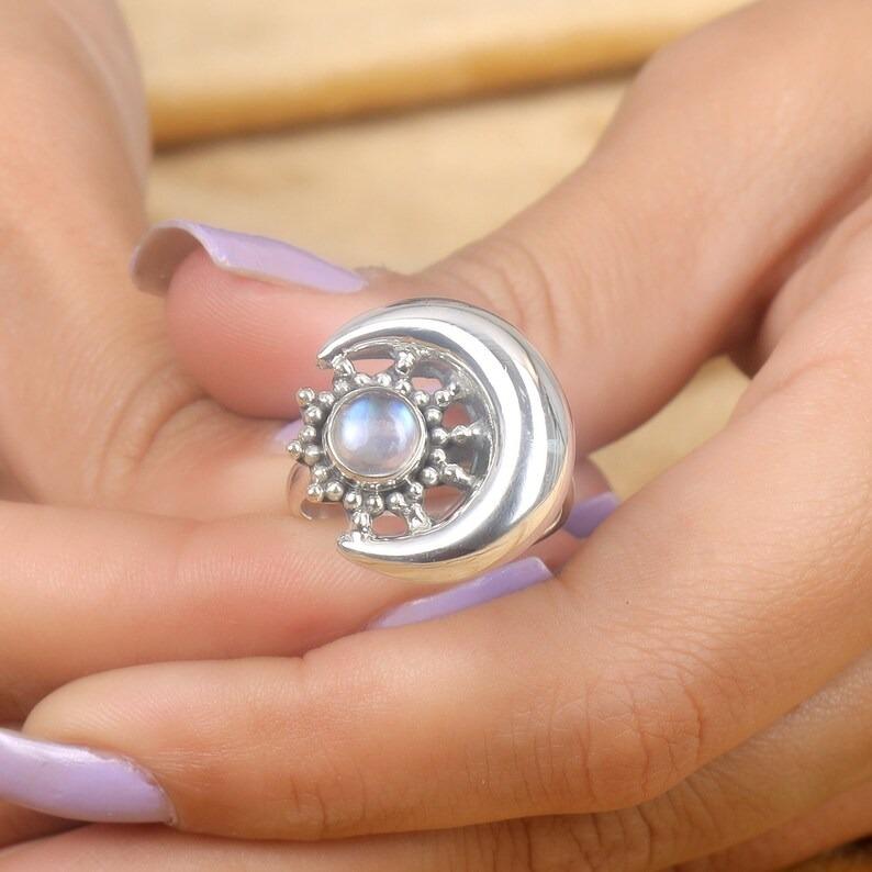 Månsten Rund Ädelsten Halvmåne Handgjord Designerring, Statementring, Silverberlock Smycken, Ringar Till Hennes, 925 Sterling Silver