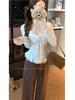 Autumn V-neck Ruffle Lace Patchwork Wool T-shirt for Women