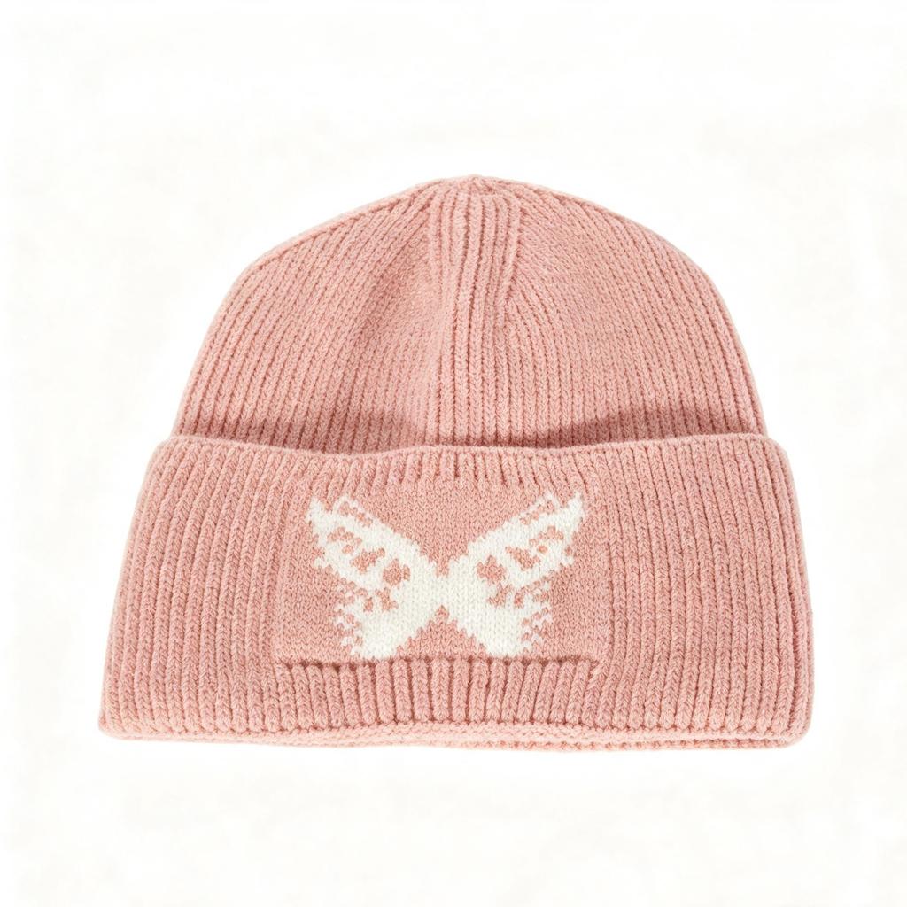 Autumn and winter butterfly jacquard big head circumference knitted hat women's retro warm wool hat street hipster curling edge cold hat