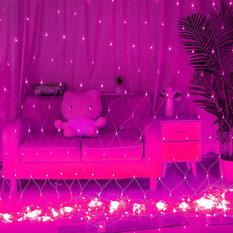 Waterproof Outdoor LED Solar Starry Sky Net Lights for Festivals and Courtyards Pink