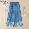 ZANZEA Women Casual Elastic Waist Loose Print Cropped Pants