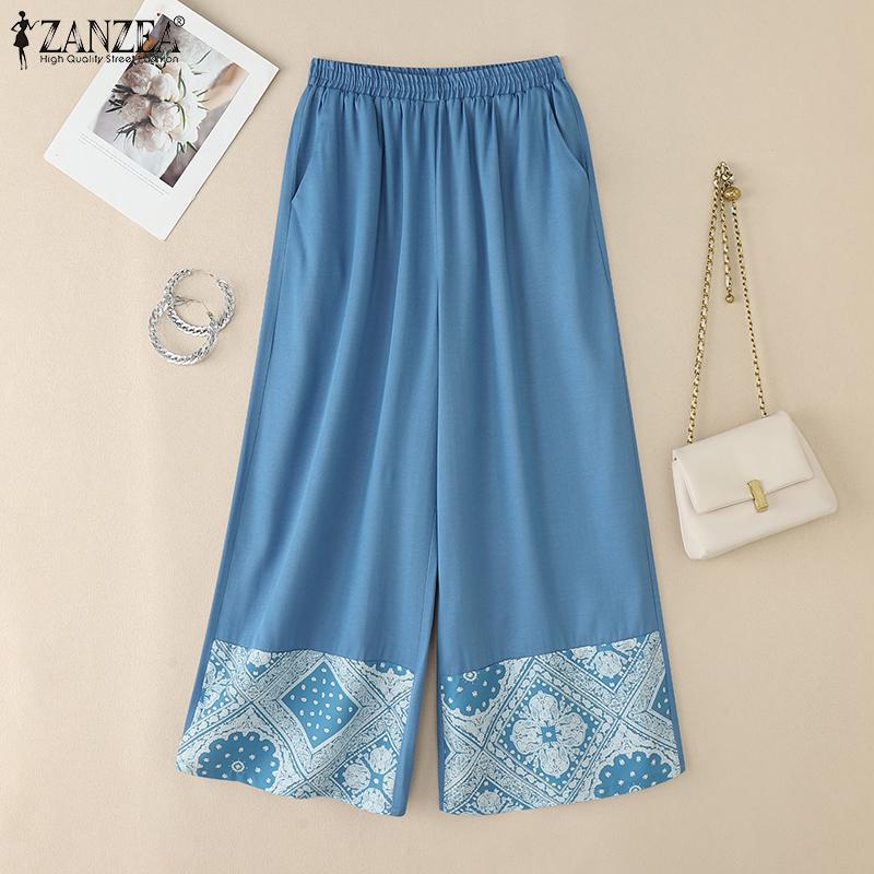 ZANZEA Women Casual Elastic Waist Loose Print Cropped Pants