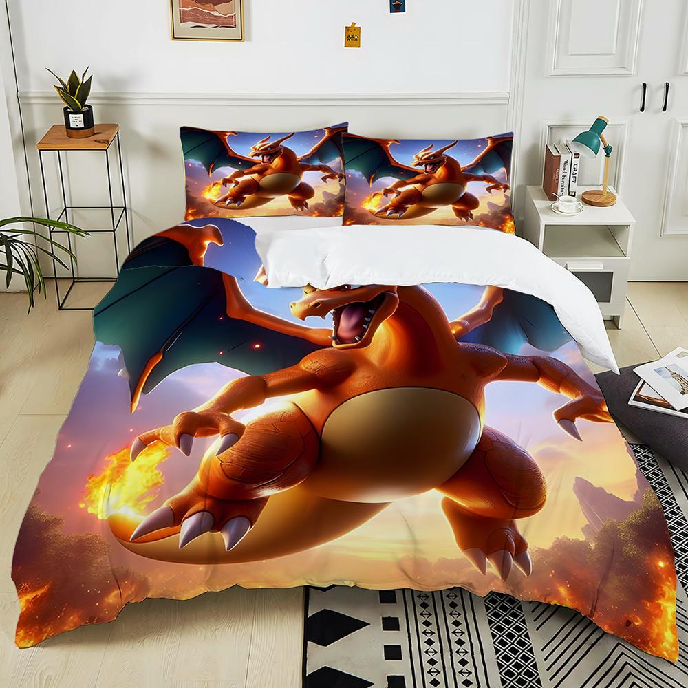 10 Sizes Pokémon Charizard Printed 3PC Bedding Set Duvet Cover  Adult Kids Birthday Gift Full Size Bedding Set Luxury for Gifts