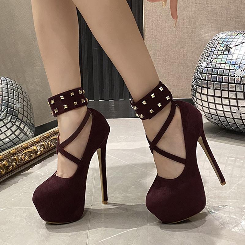 Fashion Liyke Big Size 43 44 45 Women Pumps Solid Black Round Toe Metal Rivet Ankle Hook Strap Platform High Heels Wedding Banquet Shoes